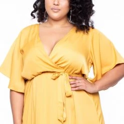 Libian Plus Size Tandi Ruffle Satin Dress - Mustard Dresses