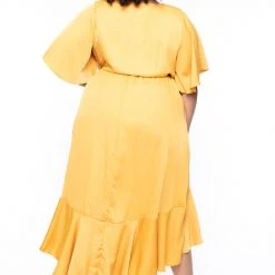 Libian Plus Size Tandi Ruffle Satin Dress - Mustard Dresses