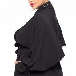 Libian Plus Size Luxe Belted Trench Coat - Black