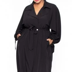 Libian Plus Size Luxe Belted Trench Coat - Black
