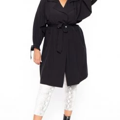 Libian Plus Size Luxe Belted Trench Coat - Black