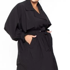Libian Plus Size Luxe Belted Trench Coat - Black