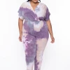 Libian Plus Size Tie Dye Front Cross Jumpsuit - Purple Party Jumpsuilts