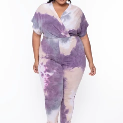 Libian Plus Size Tie Dye Front Cross Jumpsuit - Purple Party Jumpsuilts