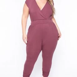 Libian Party Jumpsuilts Plus Size Rosewood Cross Front Jumpsuit - Mauve