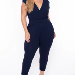 Libian Plus Size Rosewood Cross Front Jumpsuit - Navy