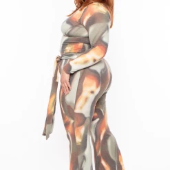 Libian Plus Size Tie Dye Crop Top Pant Matching Set - Multi