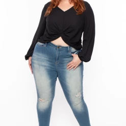 Libian Plus Size Front Twist Top - Black Tops