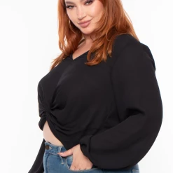Libian Plus Size Front Twist Top - Black Tops
