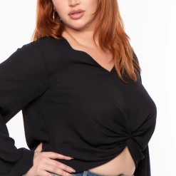 Libian Plus Size Front Twist Top - Black Tops
