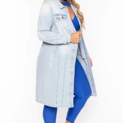 LOVE TREE Plus Size Destroyed Denim Duster - Light Wash Outerwear