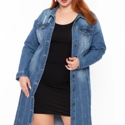LOVE TREE Plus Size Destroyed Denim Duster - Medium Wash
