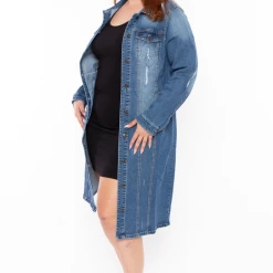 LOVE TREE Plus Size Destroyed Denim Duster - Medium Wash