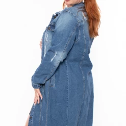 LOVE TREE Plus Size Destroyed Denim Duster - Medium Wash