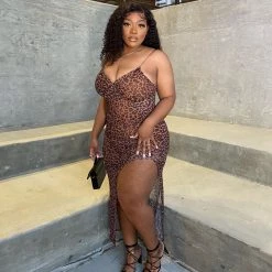 LoveSome Plus Size Danielle Leopard Mesh Dress - Brown Dresses