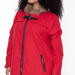 Mirage Fashion Of NY Plus Size Faux Fur Hooded Coat - Red Outerwear