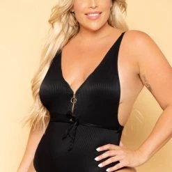 Mirage Fashion Of NY Plus Size Zip Front Swimsuit - Black