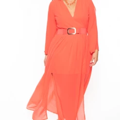 Miss Avenue Plus Size Kerrin Belted Chiffon Dress - Coral