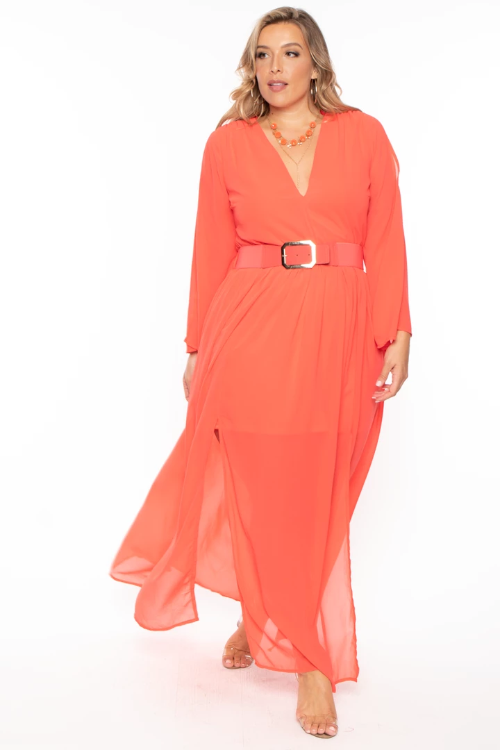 Miss Avenue Plus Size Kerrin Belted Chiffon Dress - Coral 4 Miss Avenue Plus Size Kerrin Belted Chiffon Dress - Coral