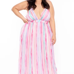 Miss Avenue Plus Size Pleated Striped Maxi Dress - Pink