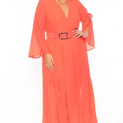 Miss Avenue Plus Size Kerrin Belted Chiffon Dress - Coral