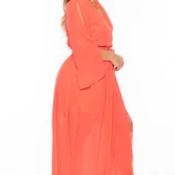 Miss Avenue Plus Size Kerrin Belted Chiffon Dress - Coral 10 Miss Avenue Plus Size Kerrin Belted Chiffon Dress - Coral