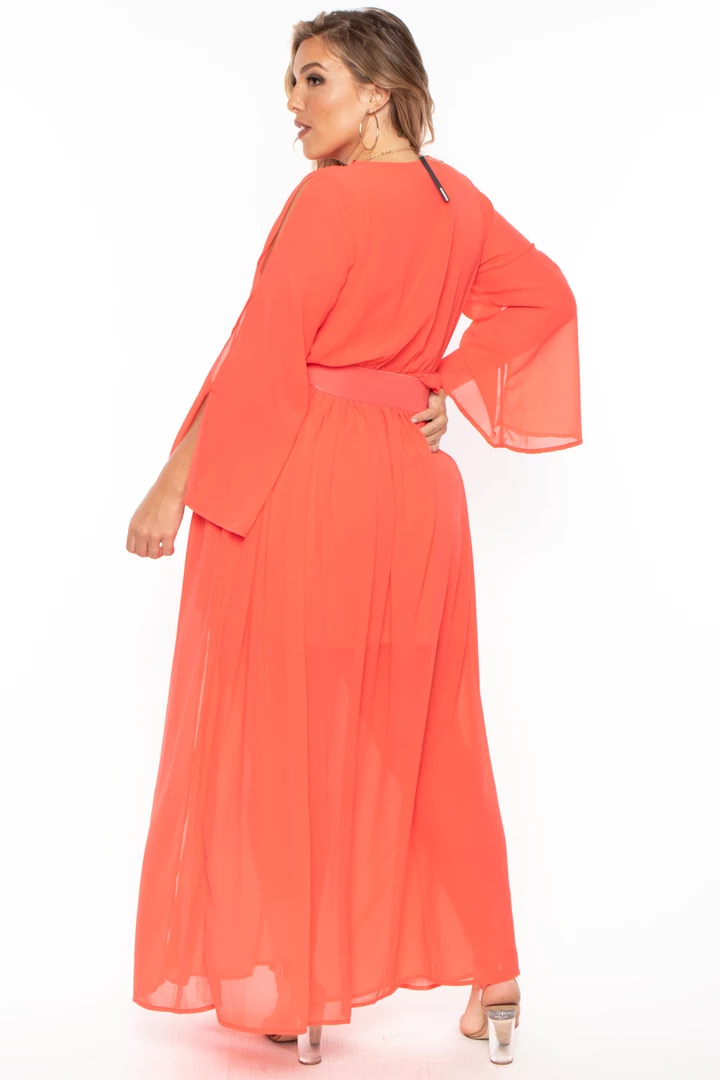 Miss Avenue Plus Size Kerrin Belted Chiffon Dress - Coral 7 Miss Avenue Plus Size Kerrin Belted Chiffon Dress - Coral