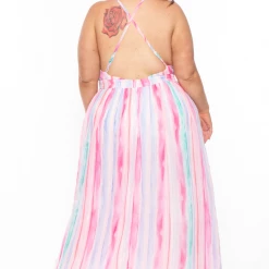 Miss Avenue Plus Size Pleated Striped Maxi Dress - Pink
