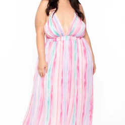 Miss Avenue Plus Size Pleated Striped Maxi Dress - Pink