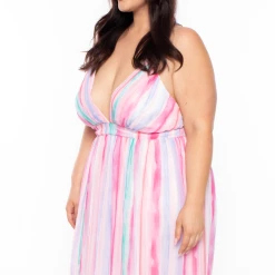 Miss Avenue Plus Size Pleated Striped Maxi Dress - Pink