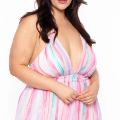 Miss Avenue Plus Size Pleated Striped Maxi Dress - Pink