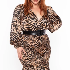 Miss Avenue Plus Size Zara Zebra Smocked Dress - Gold Dresses