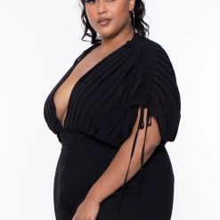 Miss Avenue Plus Size Chiffon Pleated Top Jumpsuit - Black Party Jumpsuilts