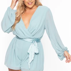 Miss Avenue Plus Size Leeha Surplice Belted Romper - Teal Party Jumpsuilts 13 Miss Avenue Plus Size Leeha Surplice Belted Romper - Teal Party Jumpsuilts