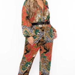 Miss Avenue Plus Size Kendra Printed Jumpsuit - Burgundy