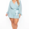 Miss Avenue Plus Size Leeha Surplice Belted Romper - Teal Party Jumpsuilts 2 Miss Avenue Plus Size Leeha Surplice Belted Romper - Teal Party Jumpsuilts