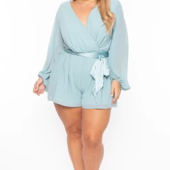 Miss Avenue Plus Size Leeha Surplice Belted Romper - Teal Party Jumpsuilts