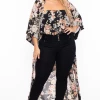 Miss Avenue Plus Size Floral Bodysuit And Kimono Set - Black Tops