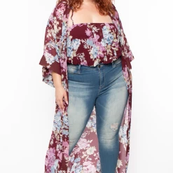 Miss Avenue Tops Plus Size Floral Bodysuit And Kimono Set - Plum
