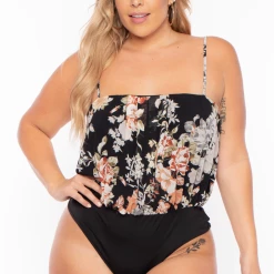 Miss Avenue Plus Size Floral Bodysuit And Kimono Set - Black Tops