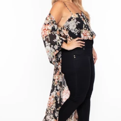 Miss Avenue Plus Size Floral Bodysuit And Kimono Set - Black Tops