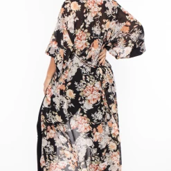 Miss Avenue Plus Size Floral Bodysuit And Kimono Set - Black Tops