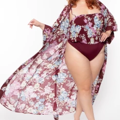 Miss Avenue Tops Plus Size Floral Bodysuit And Kimono Set - Plum