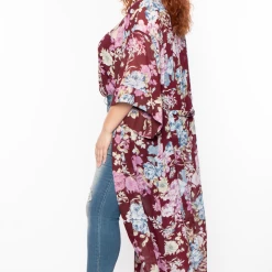 Miss Avenue Tops Plus Size Floral Bodysuit And Kimono Set - Plum