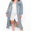NOBLE U Plus Size Destroyed Denim Duster Jacket - Medium Wash 2 NOBLE U Plus Size Destroyed Denim Duster Jacket - Medium Wash
