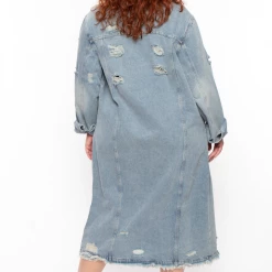 NOBLE U Plus Size Destroyed Denim Duster Jacket - Medium Wash