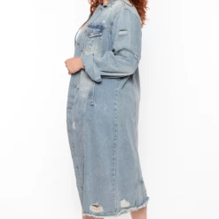 NOBLE U Plus Size Destroyed Denim Duster Jacket - Medium Wash