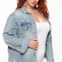 NOBLE U Plus Size Destroyed Denim Duster Jacket - Medium Wash
