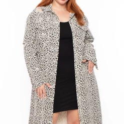 Noble U Outerwear Plus Size Destroyed Leopard Denim Duster - Beige