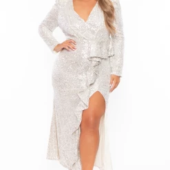 Ricarica Plus Size Kristin Long Sleeves Sequins Gown - Cream New Arrivals